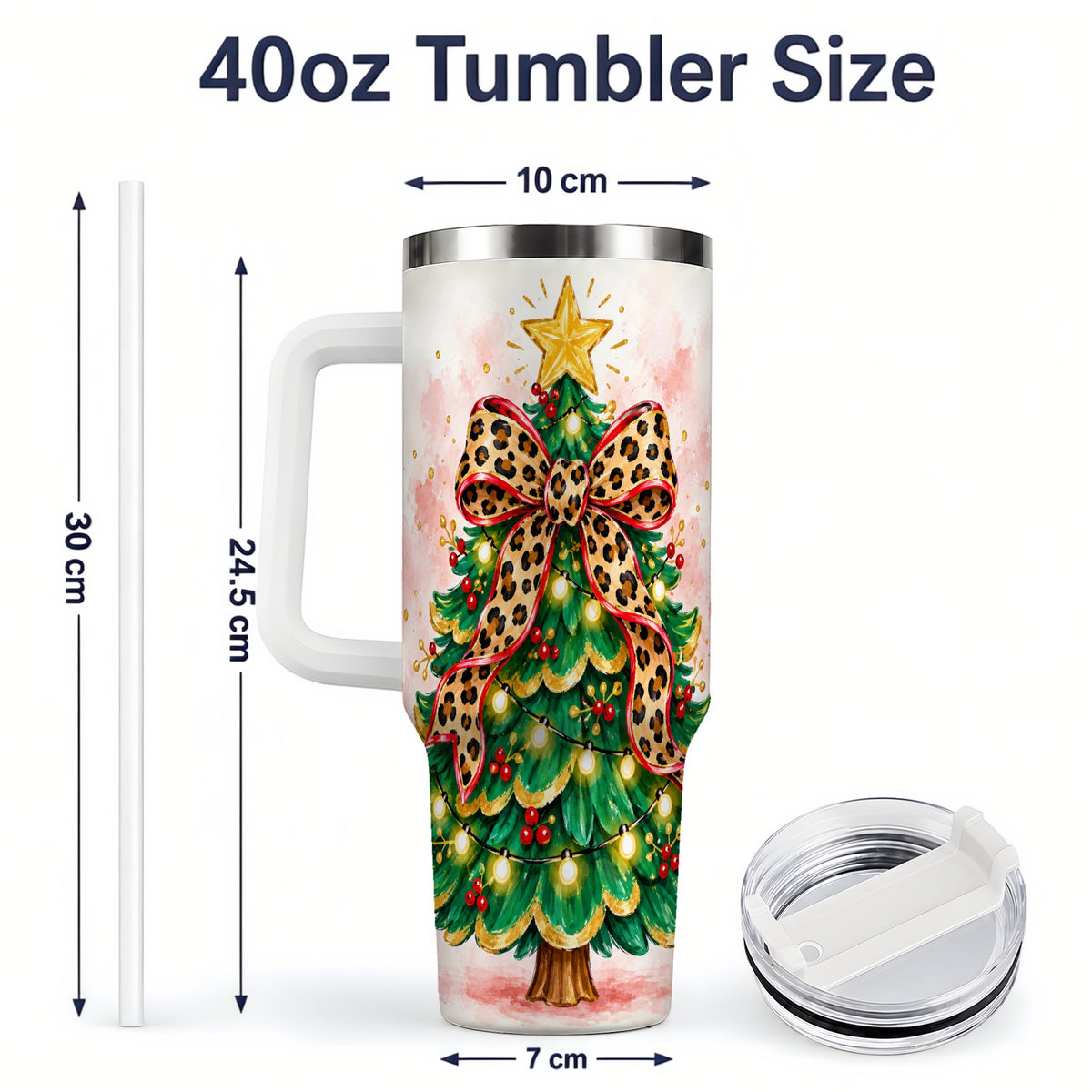 #pl[40oz|White] Leopard Print Christmas Tree Tumbler, 40oz Handled Holiday Drinkware
