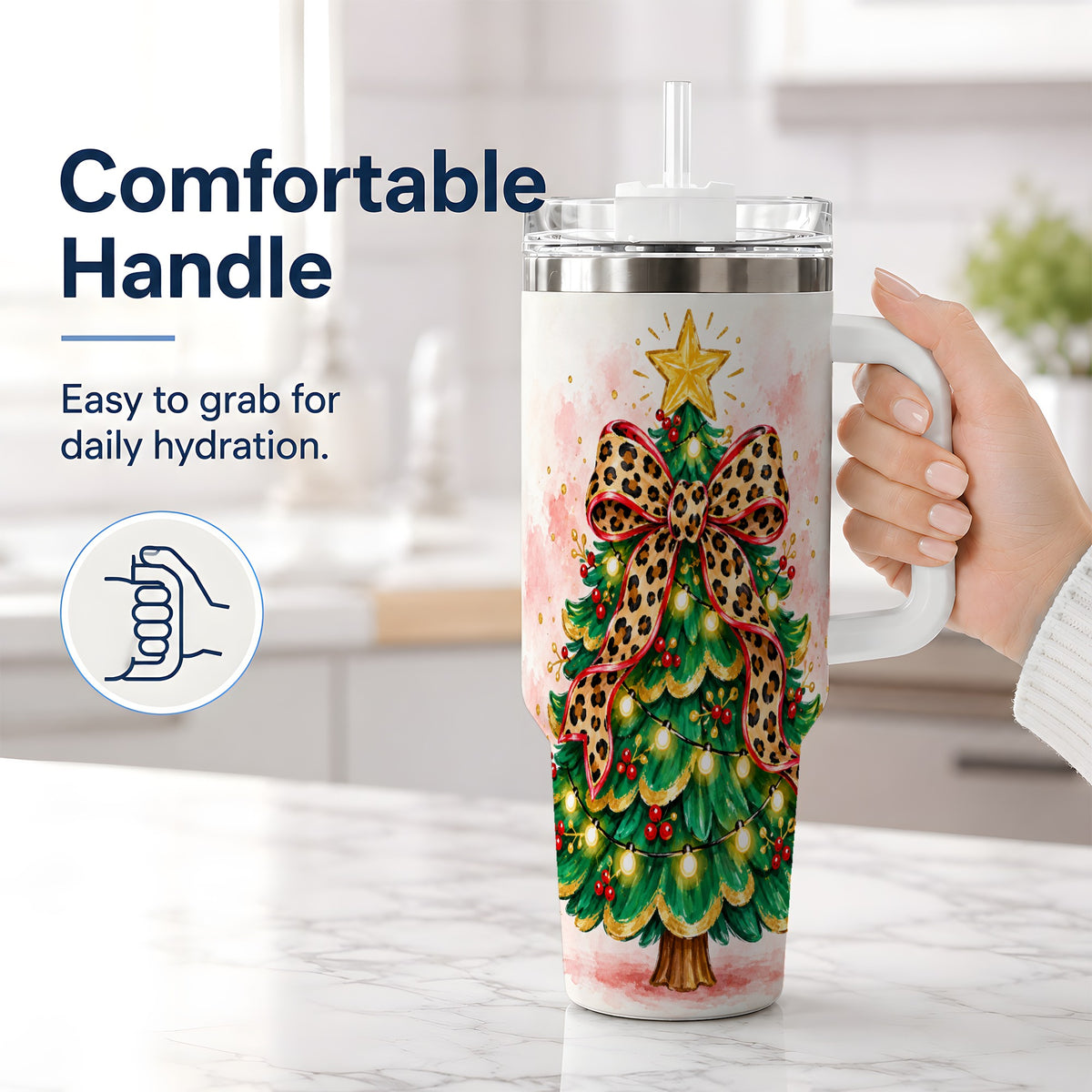 #pl[40oz|White] Leopard Print Christmas Tree Tumbler, 40oz Handled Holiday Drinkware