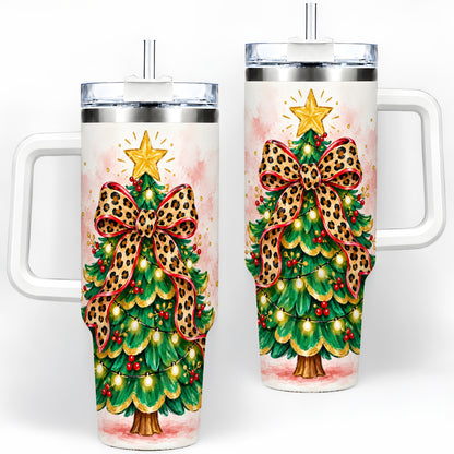 Leopard Print Christmas Tree Tumbler, 40oz Handled Holiday Drinkware