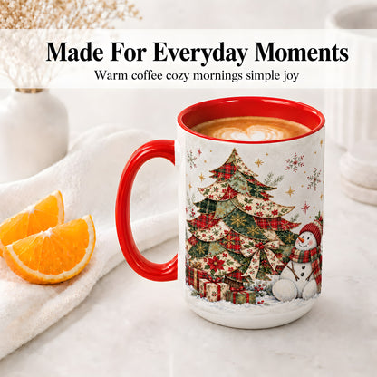 #pl[15oz|Red] Patchwork Christmas Tree Accent Mug, Ceramic Cup with Snowman Art