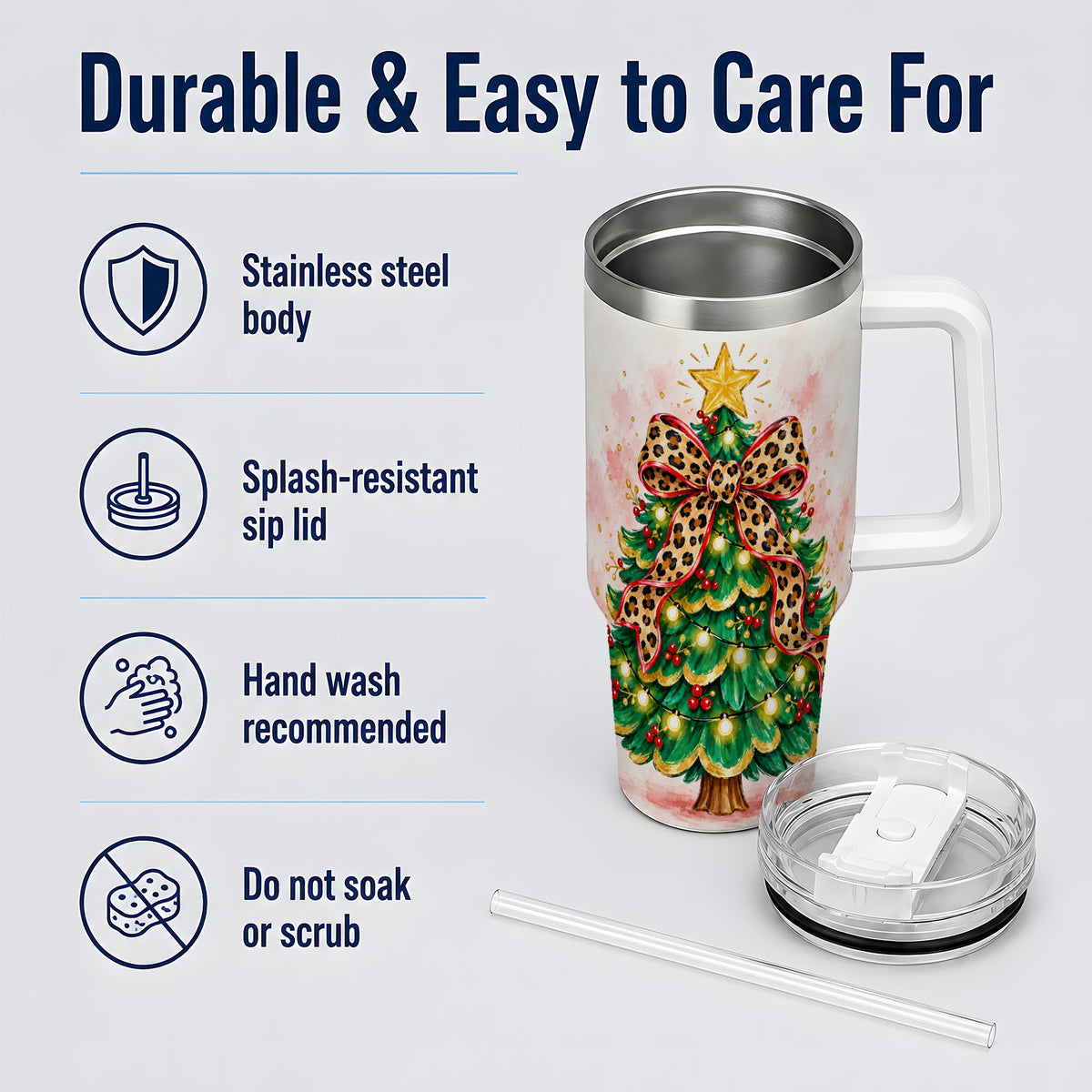 Leopard Print Christmas Tree Tumbler, 40oz Handled Holiday Drinkware