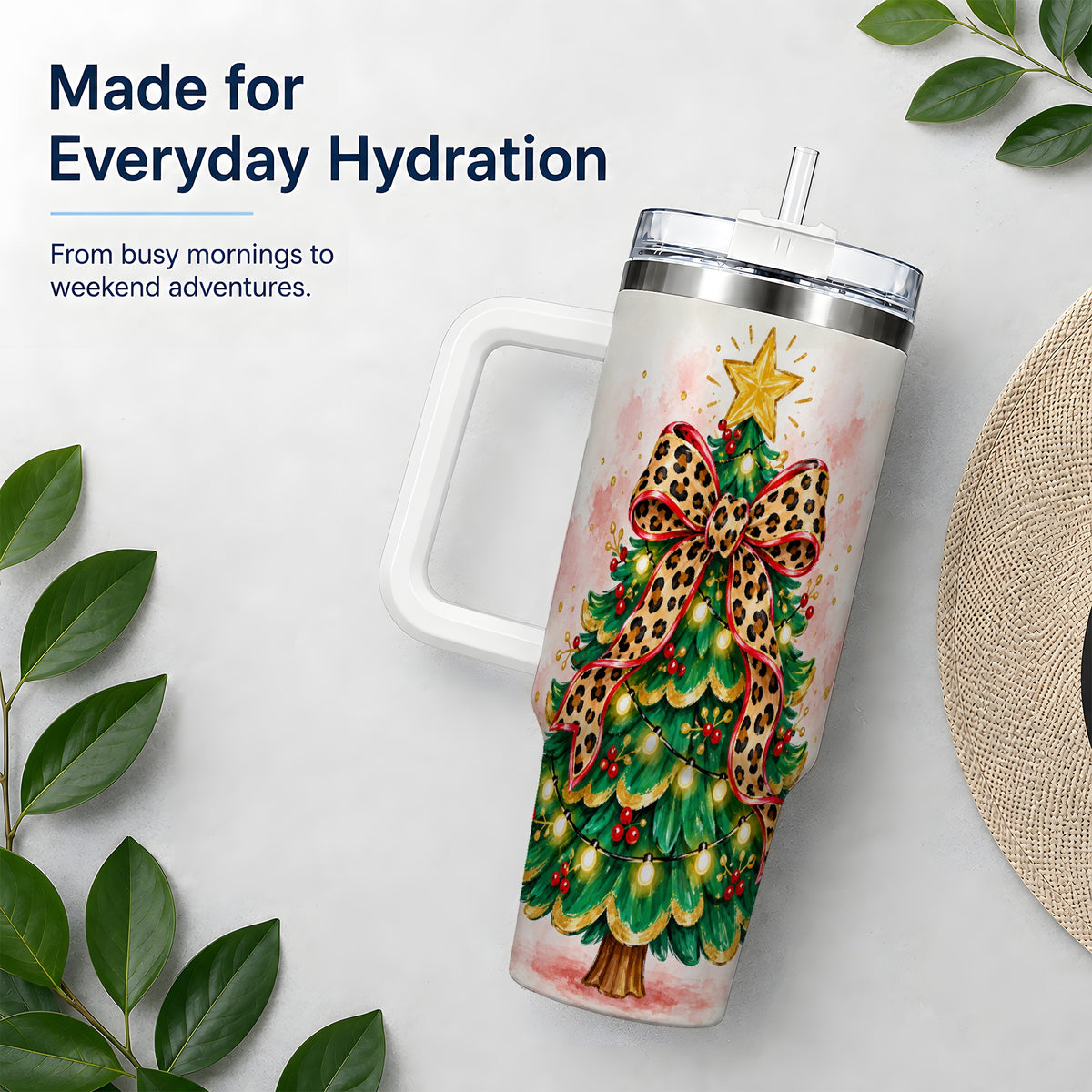 Leopard Print Christmas Tree Tumbler, 40oz Handled Holiday Drinkware