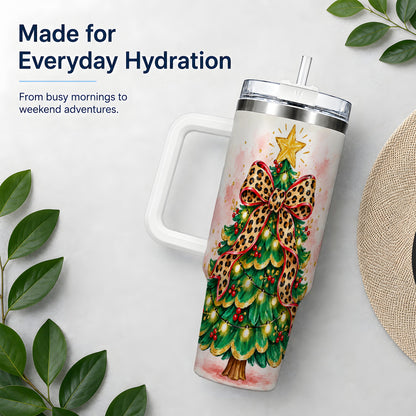 Leopard Print Christmas Tree Tumbler, 40oz Handled Holiday Drinkware