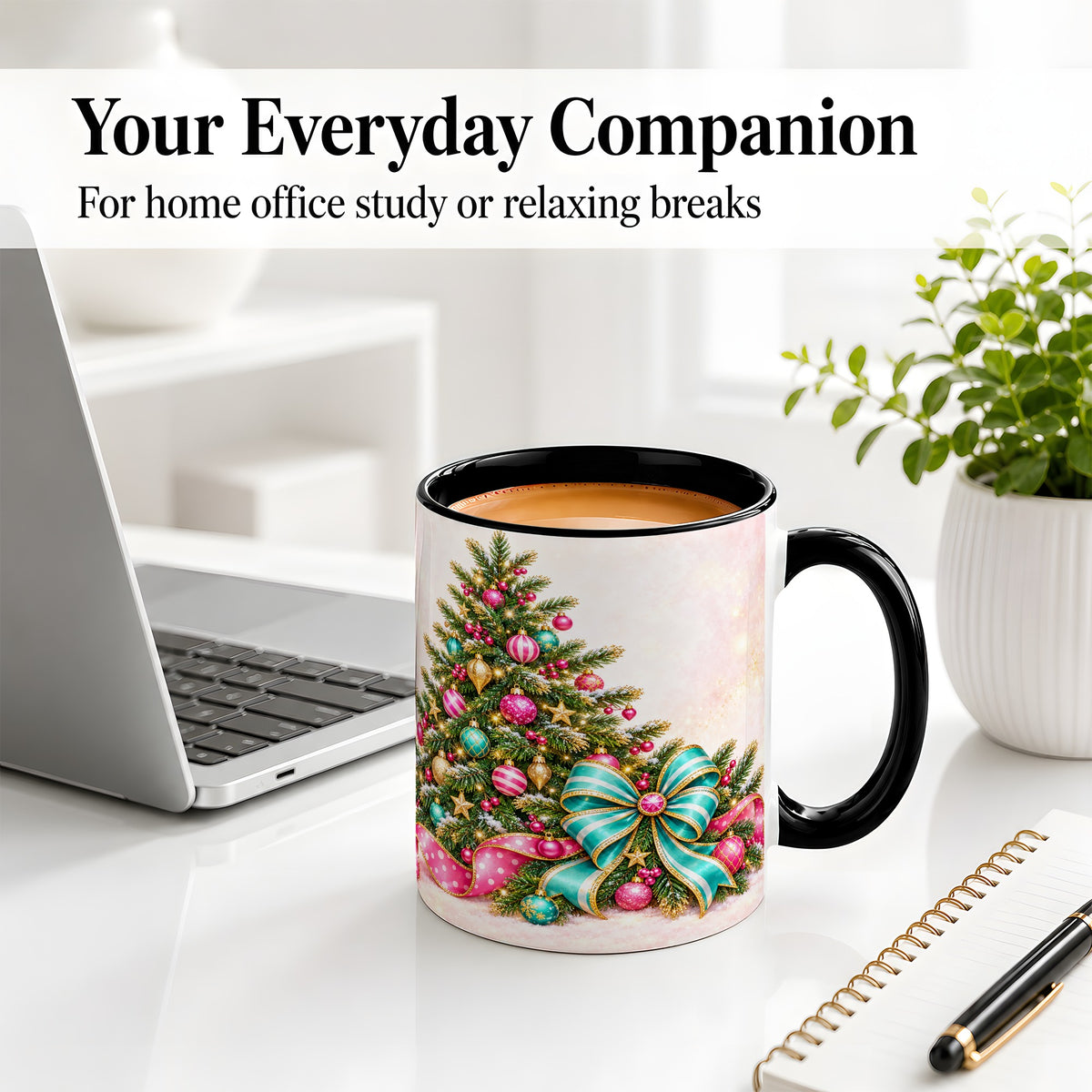 #pl[11oz|Black] Pink Christmas Tree Accent Mug, Ceramic Coffee Cup with Teal Bow