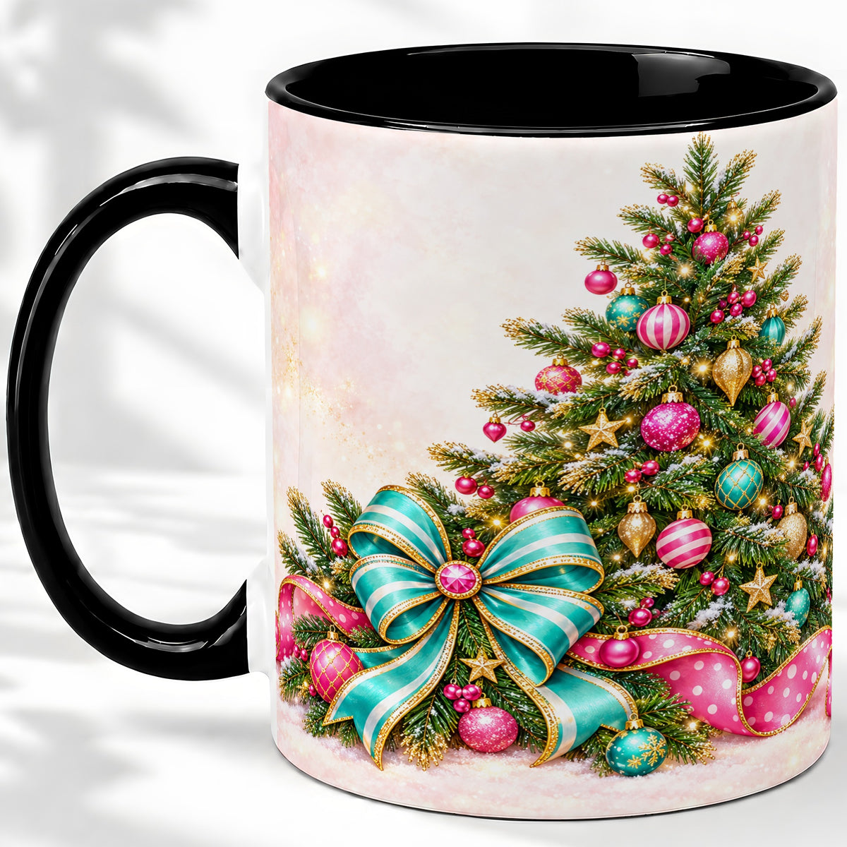 #pl[11oz|Black] Pink Christmas Tree Accent Mug, Ceramic Coffee Cup with Teal Bow