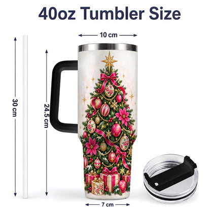#pl[40oz|Black] Pink Floral Christmas Tree Tumbler, 40oz Handled Holiday Drinkware