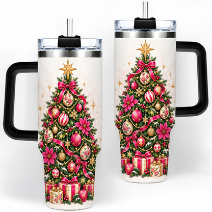 #pl[40oz|Black] Pink Floral Christmas Tree Tumbler, 40oz Handled Holiday Drinkware