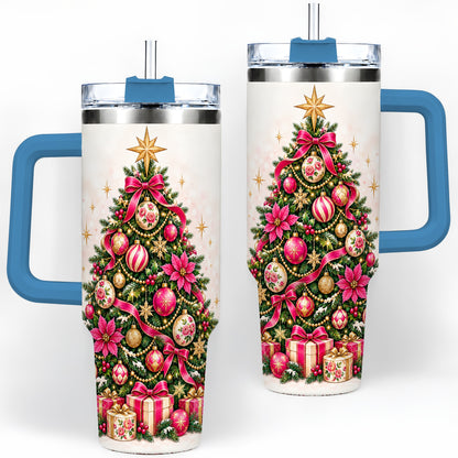 #pl[40oz|Blue] Pink Floral Christmas Tree Tumbler, 40oz Handled Holiday Drinkware