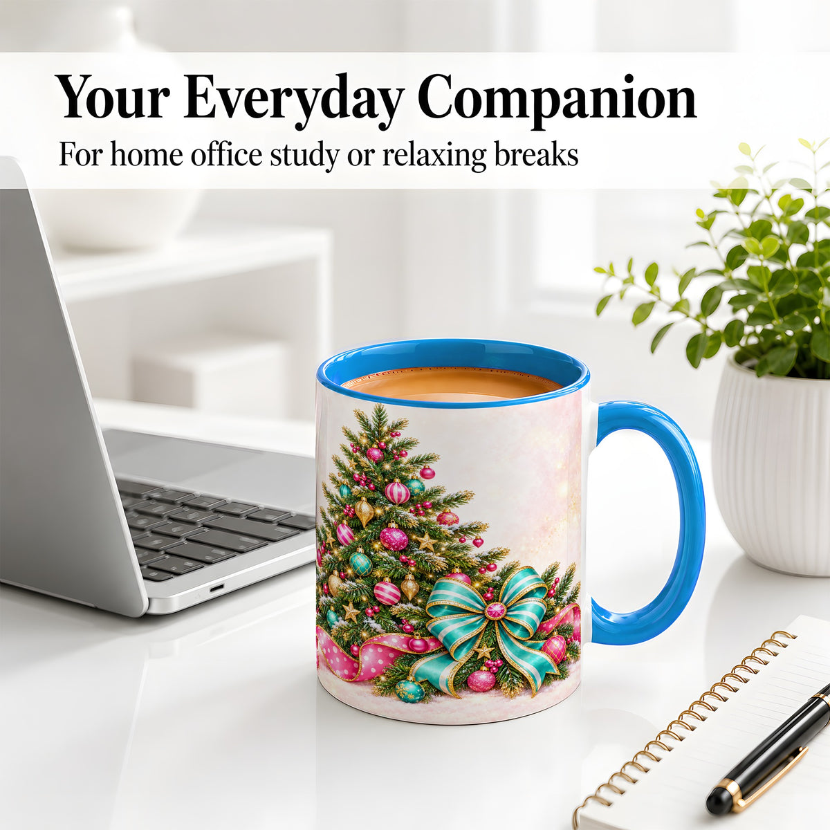 #pl[11oz|Blue] Pink Christmas Tree Accent Mug, Ceramic Coffee Cup with Teal Bow
