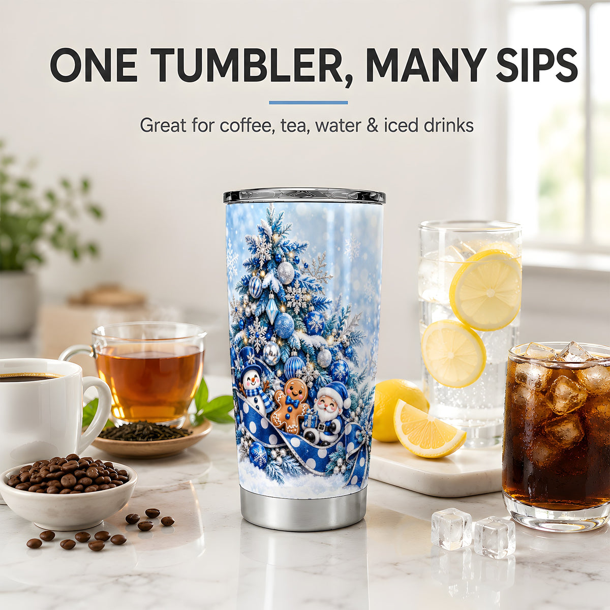 Blue Christmas Tree Tumbler, 20oz Stainless Steel Winter Drinkware