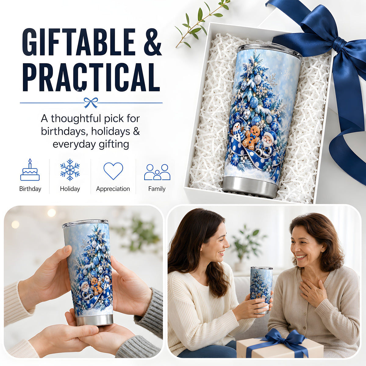 Blue Christmas Tree Tumbler, 20oz Stainless Steel Winter Drinkware