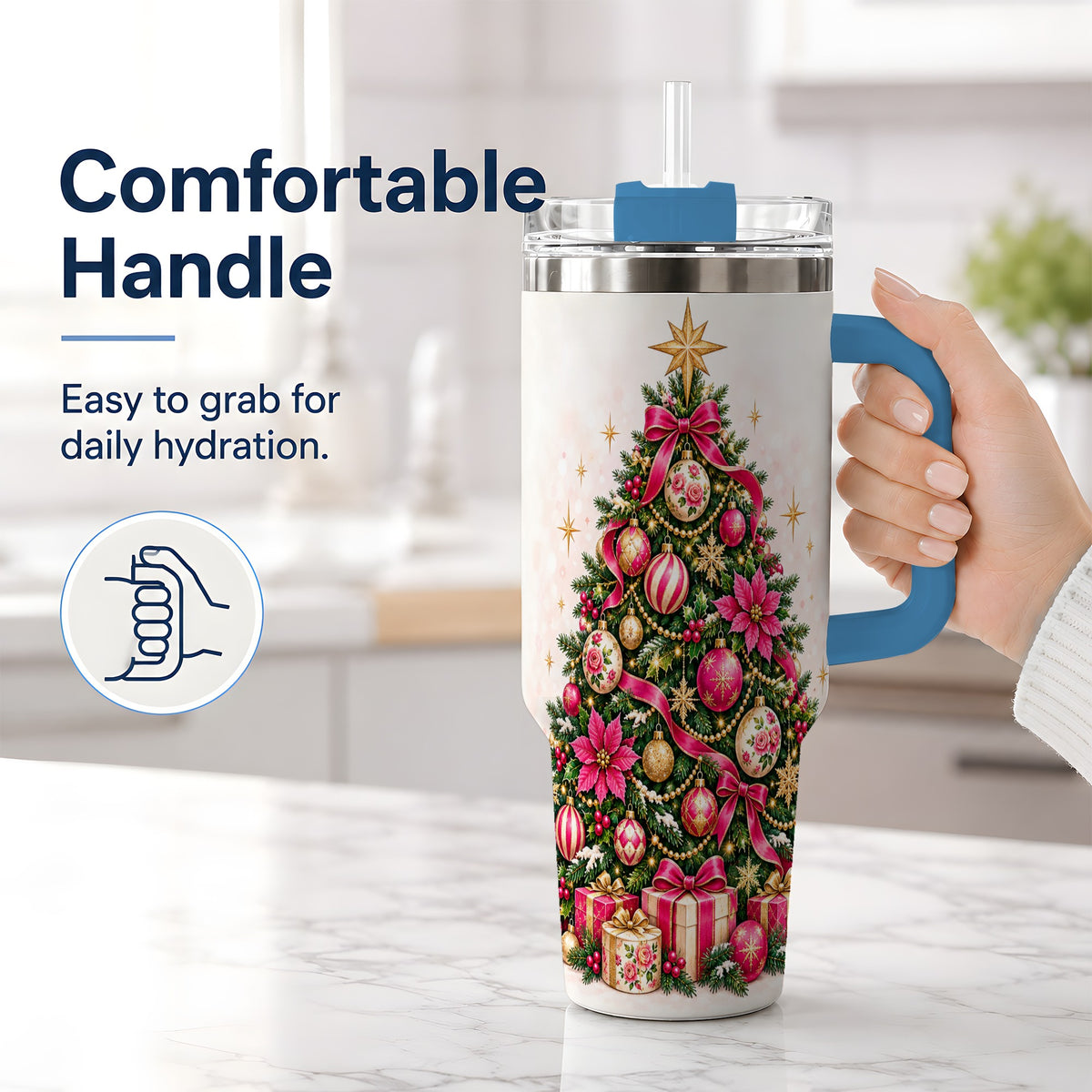 #pl[40oz|Blue] Pink Floral Christmas Tree Tumbler, 40oz Handled Holiday Drinkware