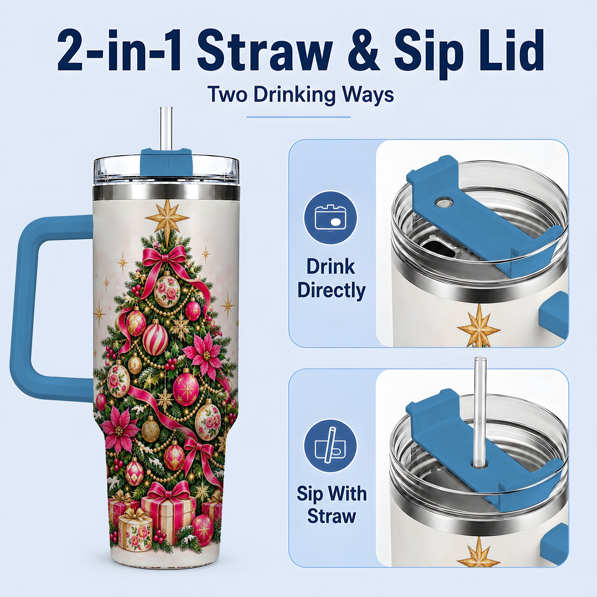 #pl[40oz|Blue] Pink Floral Christmas Tree Tumbler, 40oz Handled Holiday Drinkware
