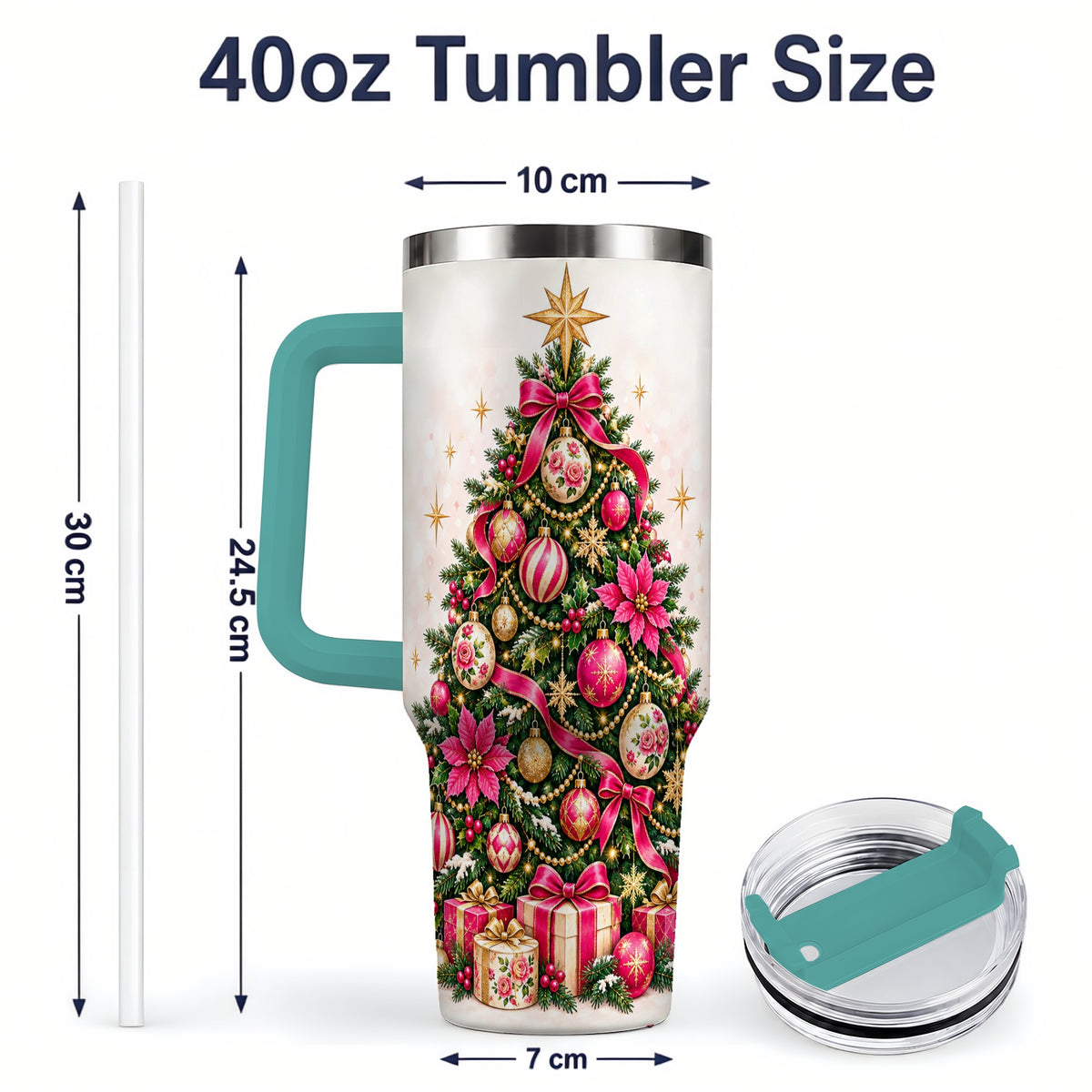 #pl[40oz|Green] Pink Floral Christmas Tree Tumbler, 40oz Handled Holiday Drinkware