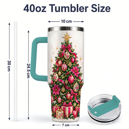 #pl[40oz|Green] Pink Floral Christmas Tree Tumbler, 40oz Handled Holiday Drinkware