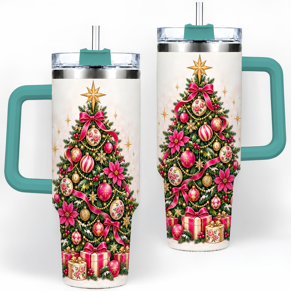 #pl[40oz|Green] Pink Floral Christmas Tree Tumbler, 40oz Handled Holiday Drinkware