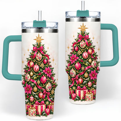 #pl[40oz|Green] Pink Floral Christmas Tree Tumbler, 40oz Handled Holiday Drinkware