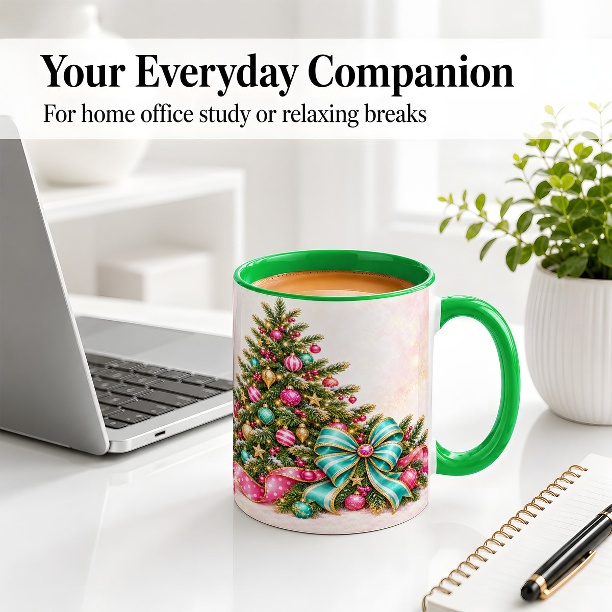 #pl[11oz|Green] Pink Christmas Tree Accent Mug, Ceramic Coffee Cup with Teal Bow
