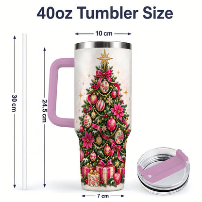 #pl[40oz|Pink] Pink Floral Christmas Tree Tumbler, 40oz Handled Holiday Drinkware
