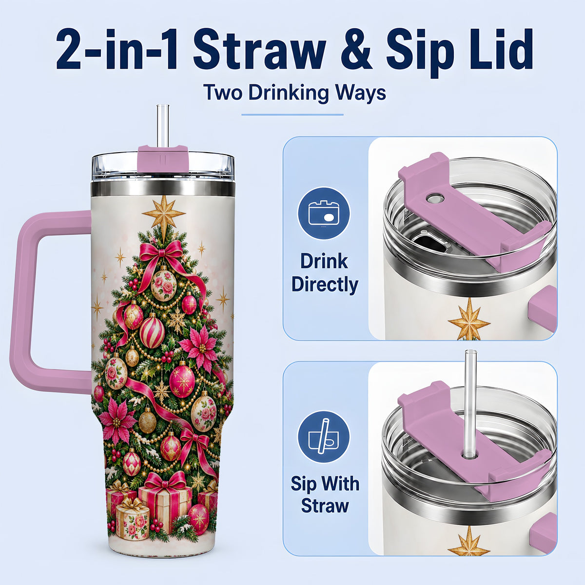 #pl[40oz|Pink] Pink Floral Christmas Tree Tumbler, 40oz Handled Holiday Drinkware