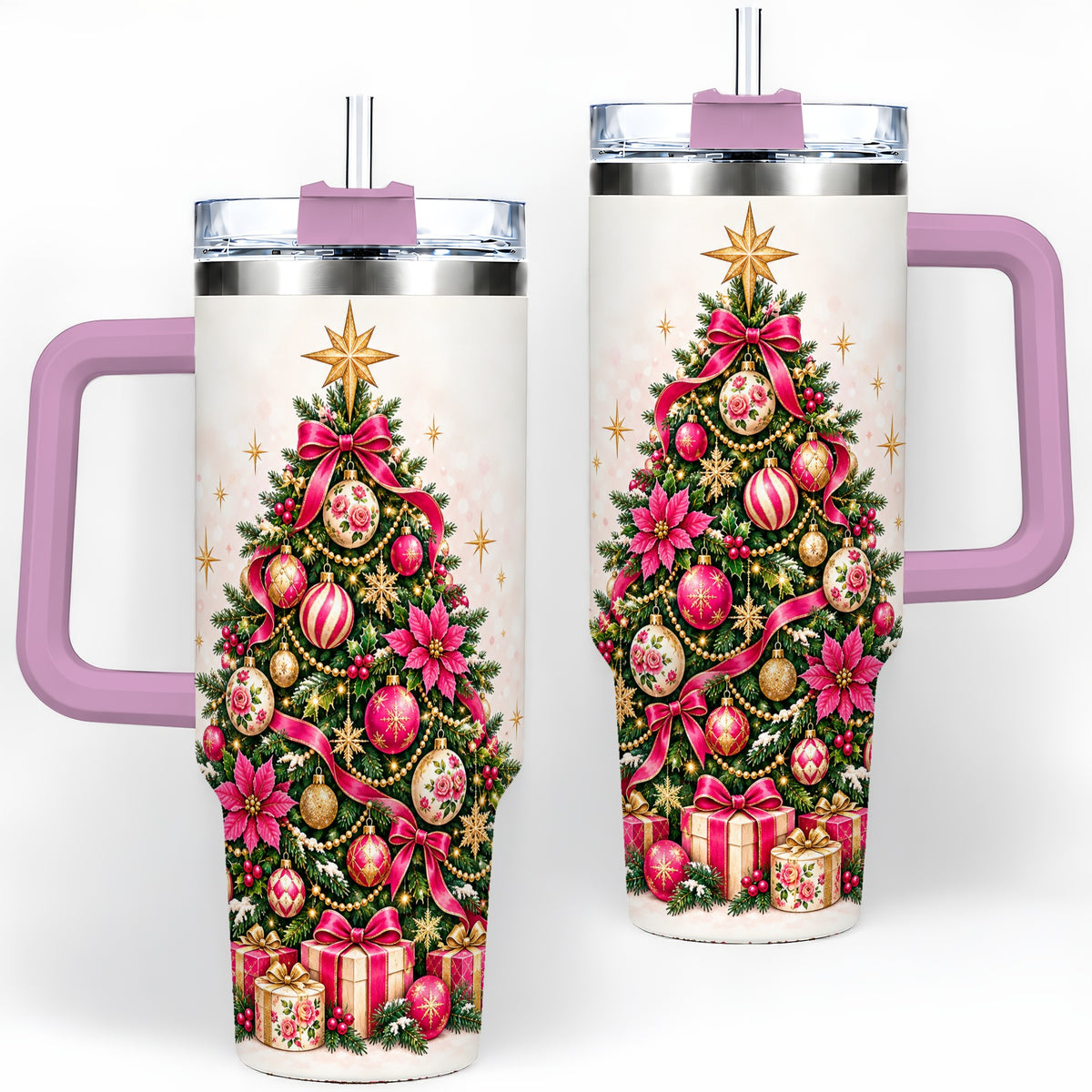 #pl[40oz|Pink] Pink Floral Christmas Tree Tumbler, 40oz Handled Holiday Drinkware