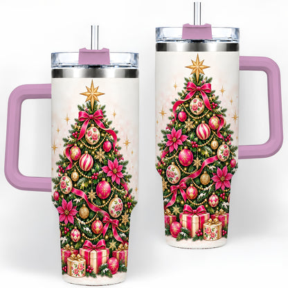 #pl[40oz|Pink] Pink Floral Christmas Tree Tumbler, 40oz Handled Holiday Drinkware