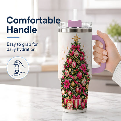 #pl[40oz|Pink] Pink Floral Christmas Tree Tumbler, 40oz Handled Holiday Drinkware