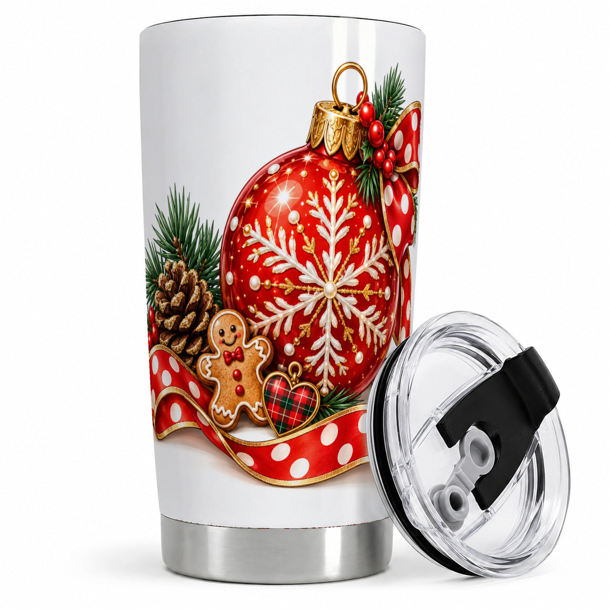 Red Christmas Ornament Tumbler, 20oz Stainless Steel Snowflake Design