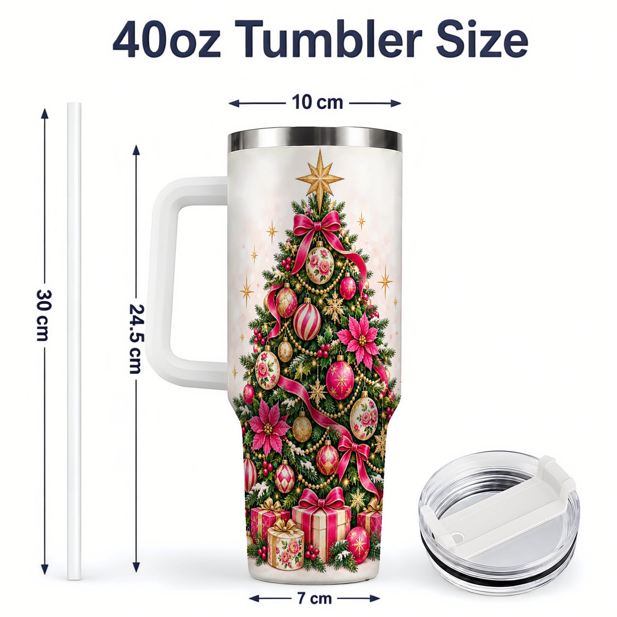 #pl[40oz|White] Pink Floral Christmas Tree Tumbler, 40oz Handled Holiday Drinkware