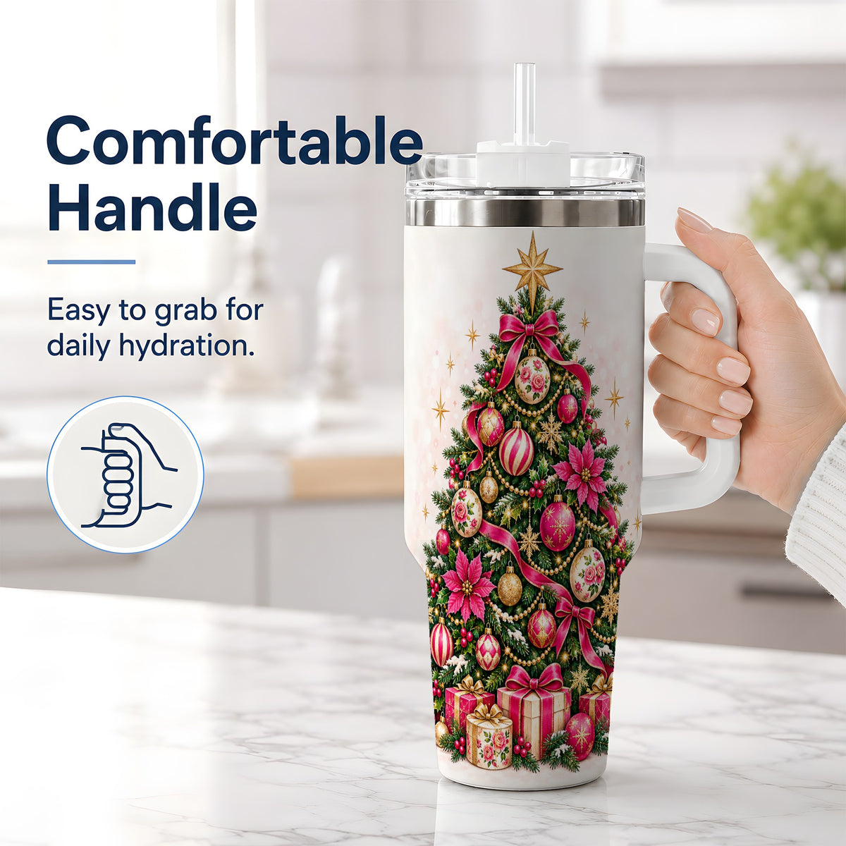 #pl[40oz|White] Pink Floral Christmas Tree Tumbler, 40oz Handled Holiday Drinkware