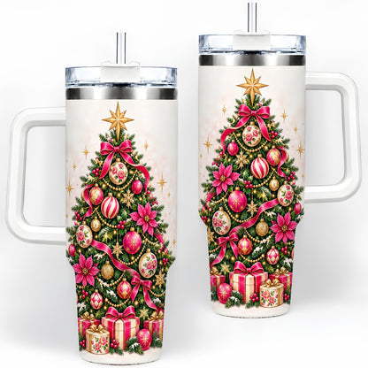 Pink Floral Christmas Tree Tumbler, 40oz Handled Holiday Drinkware