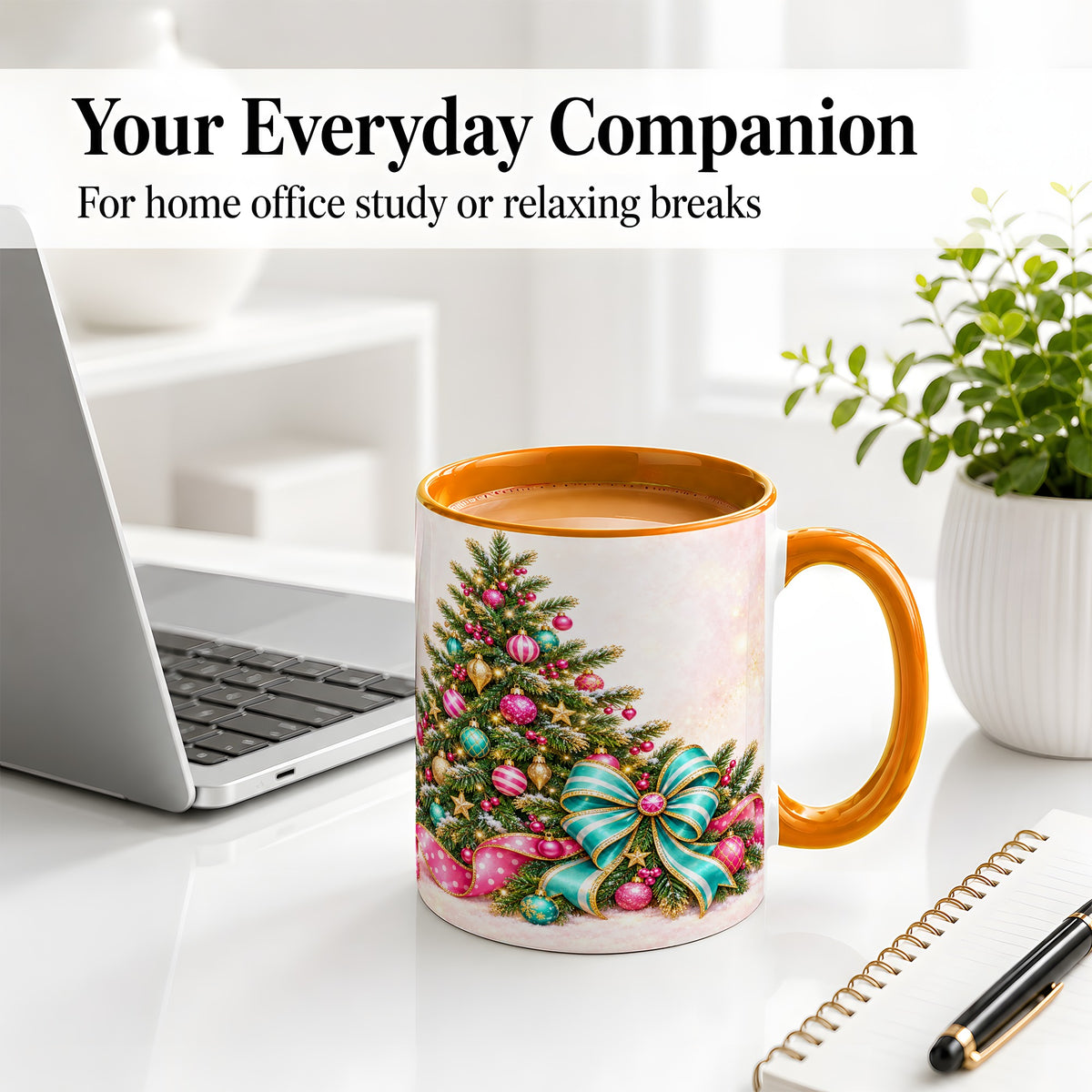 #pl[11oz|Orange] Pink Christmas Tree Accent Mug, Ceramic Coffee Cup with Teal Bow