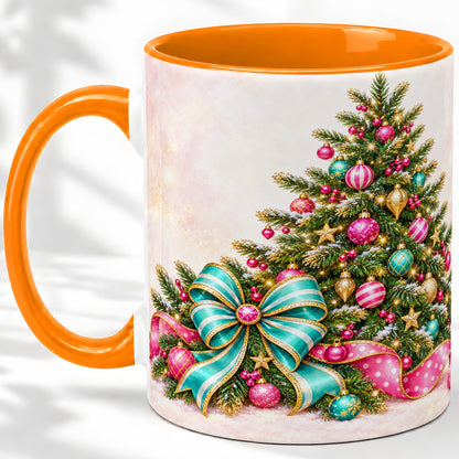 #pl[11oz|Orange] Pink Christmas Tree Accent Mug, Ceramic Coffee Cup with Teal Bow