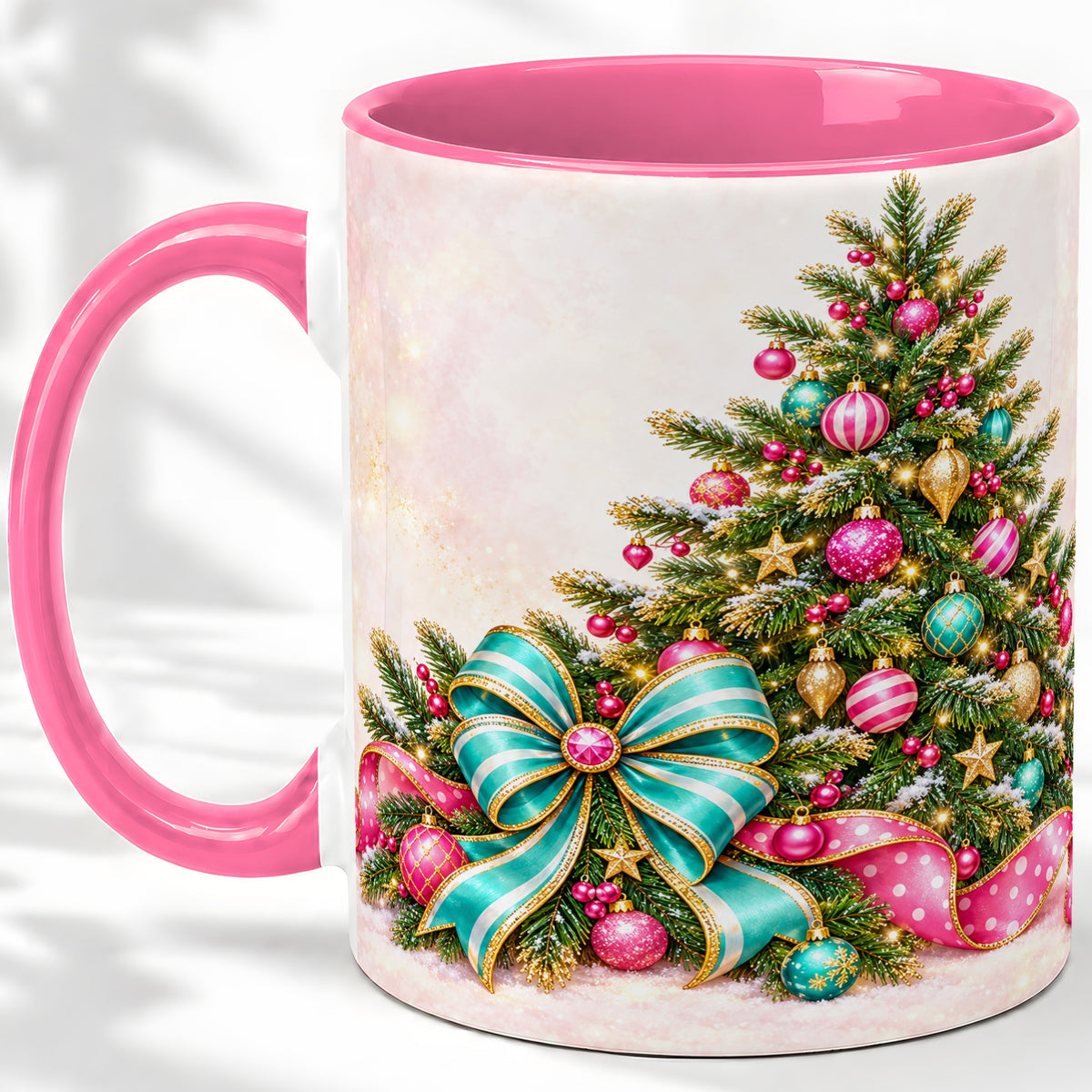 #pl[11oz|Pink] Pink Christmas Tree Accent Mug, Ceramic Coffee Cup with Teal Bow