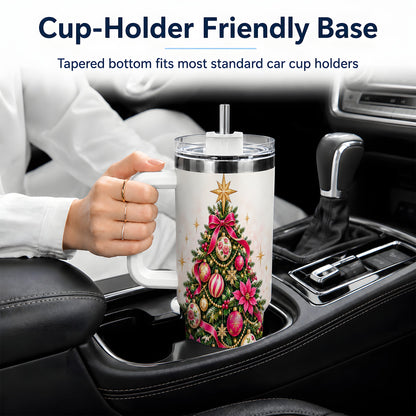 Pink Floral Christmas Tree Tumbler, 40oz Handled Holiday Drinkware