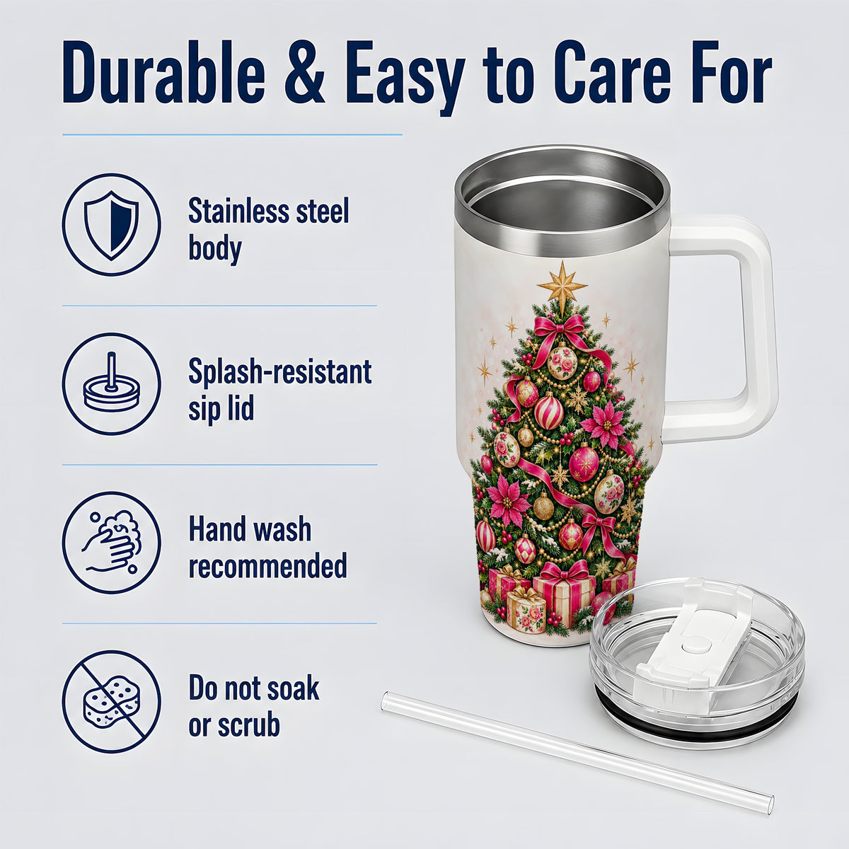 Pink Floral Christmas Tree Tumbler, 40oz Handled Holiday Drinkware