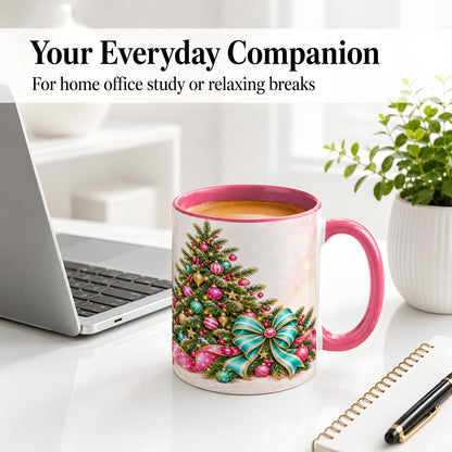 #pl[11oz|Pink] Pink Christmas Tree Accent Mug, Ceramic Coffee Cup with Teal Bow