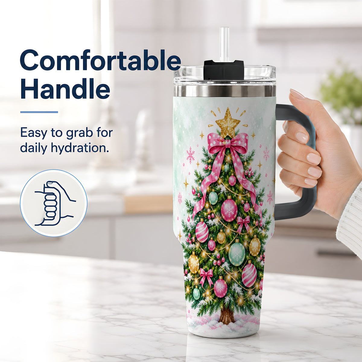 #pl[40oz|Black] Pink Bow Christmas Tree Tumbler, 40oz Handled Stainless Steel Drinkware