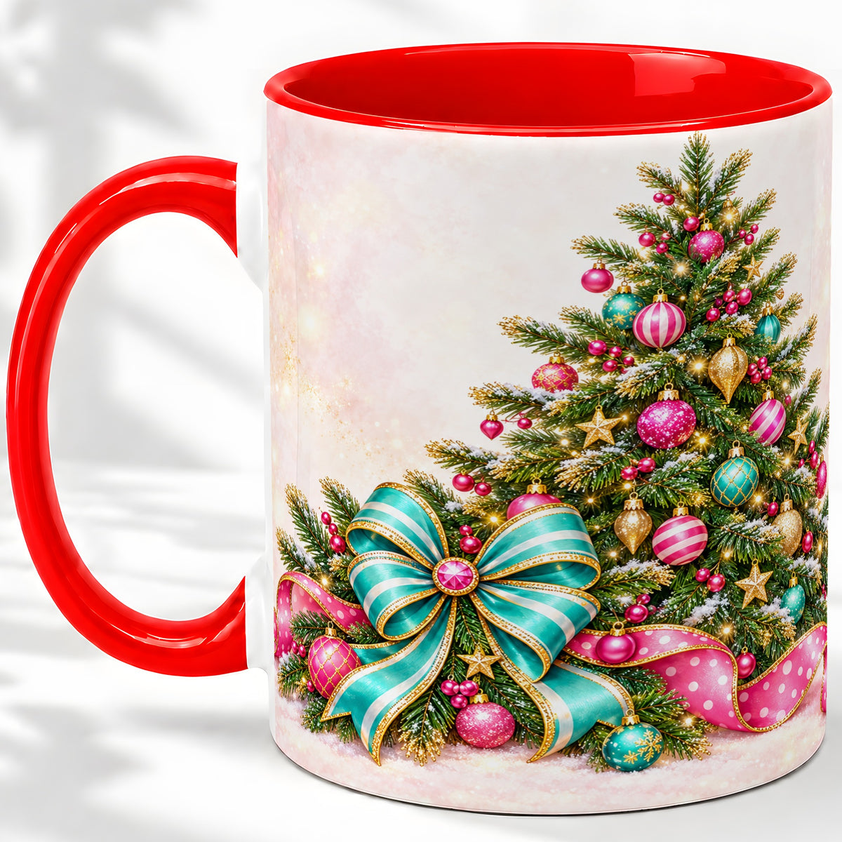 Pink Christmas Tree Accent Mug, Ceramic Coffee Cup with Teal Bow
