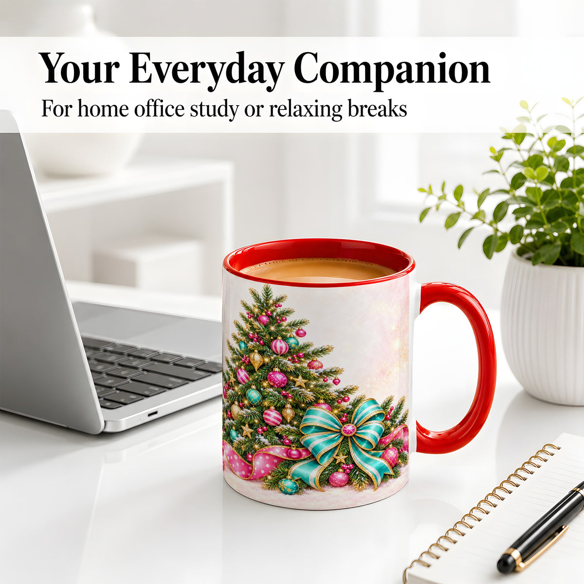 #pl[11oz|Red] Pink Christmas Tree Accent Mug, Ceramic Coffee Cup with Teal Bow