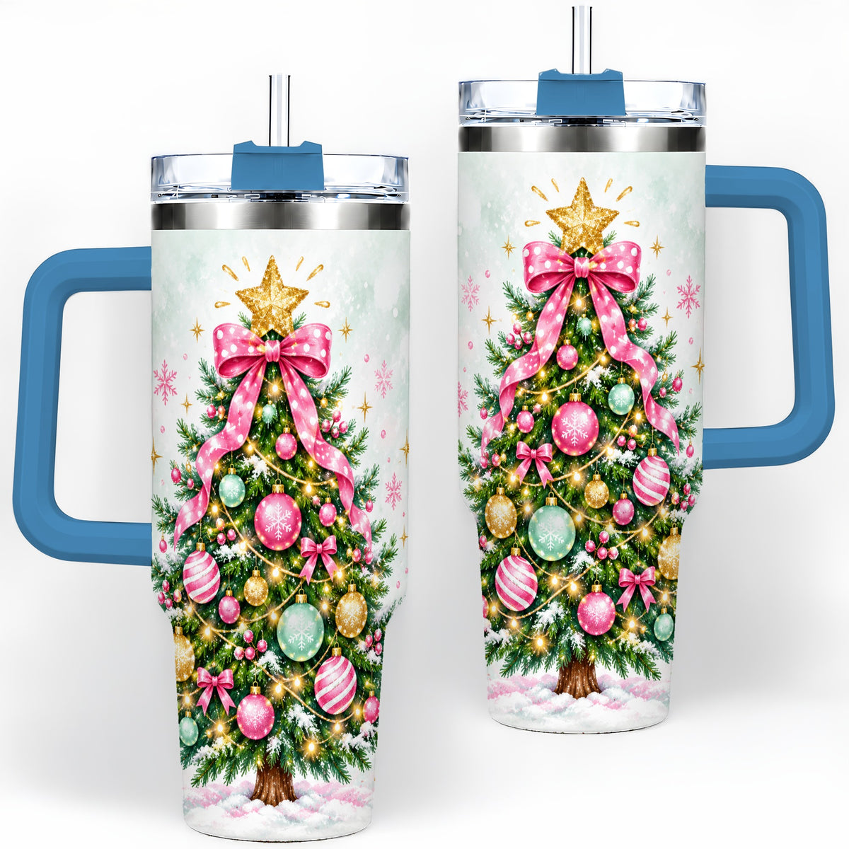 #pl[40oz|Blue] Pink Bow Christmas Tree Tumbler, 40oz Handled Stainless Steel Drinkware