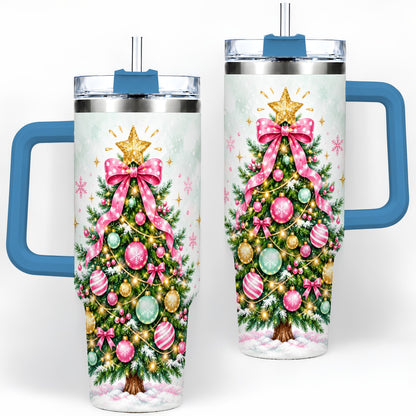#pl[40oz|Blue] Pink Bow Christmas Tree Tumbler, 40oz Handled Stainless Steel Drinkware