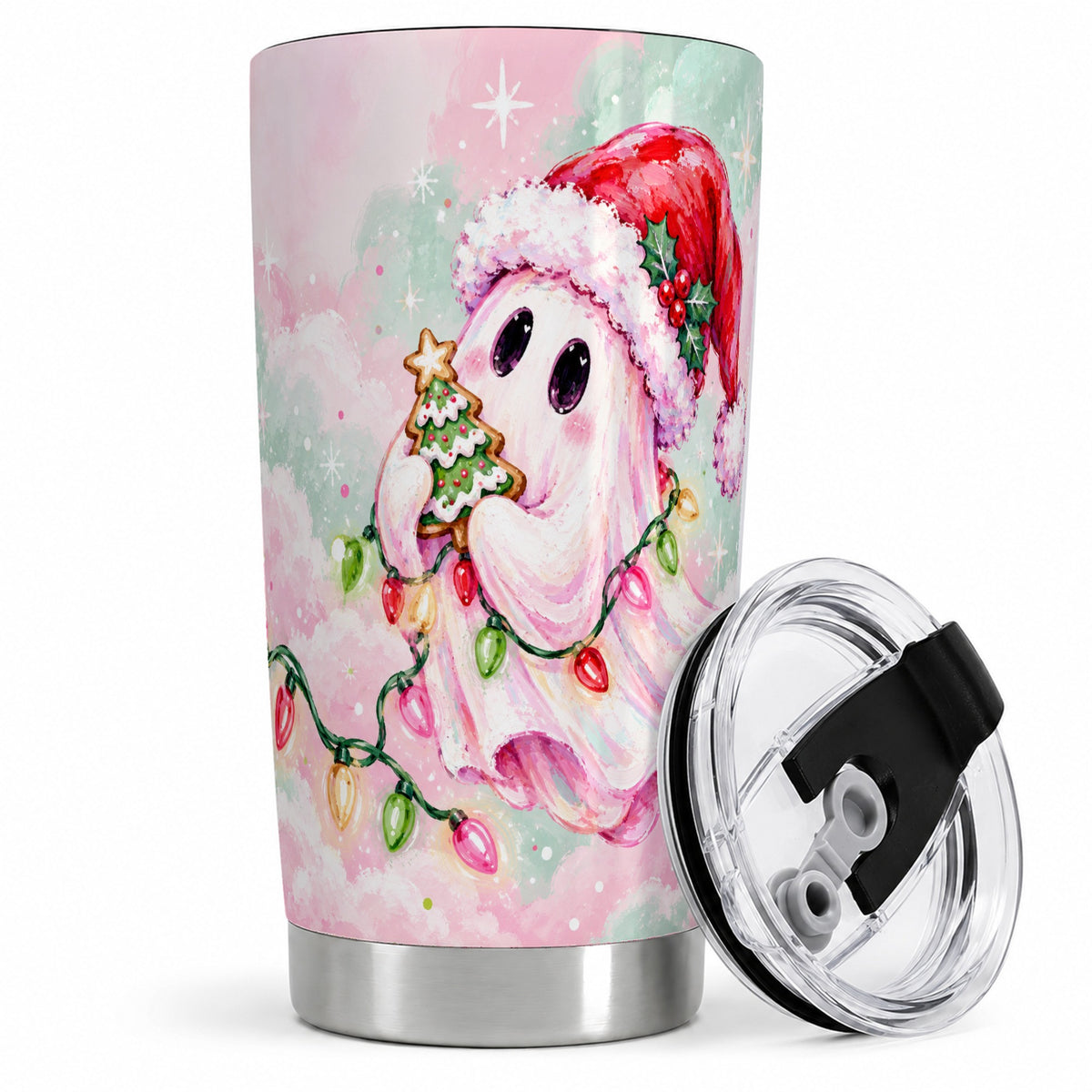 Cute Christmas Ghost Tumbler, 20oz Stainless Steel Pastel Drinkware