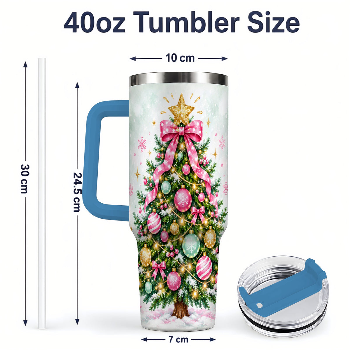#pl[40oz|Blue] Pink Bow Christmas Tree Tumbler, 40oz Handled Stainless Steel Drinkware