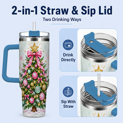 #pl[40oz|Blue] Pink Bow Christmas Tree Tumbler, 40oz Handled Stainless Steel Drinkware