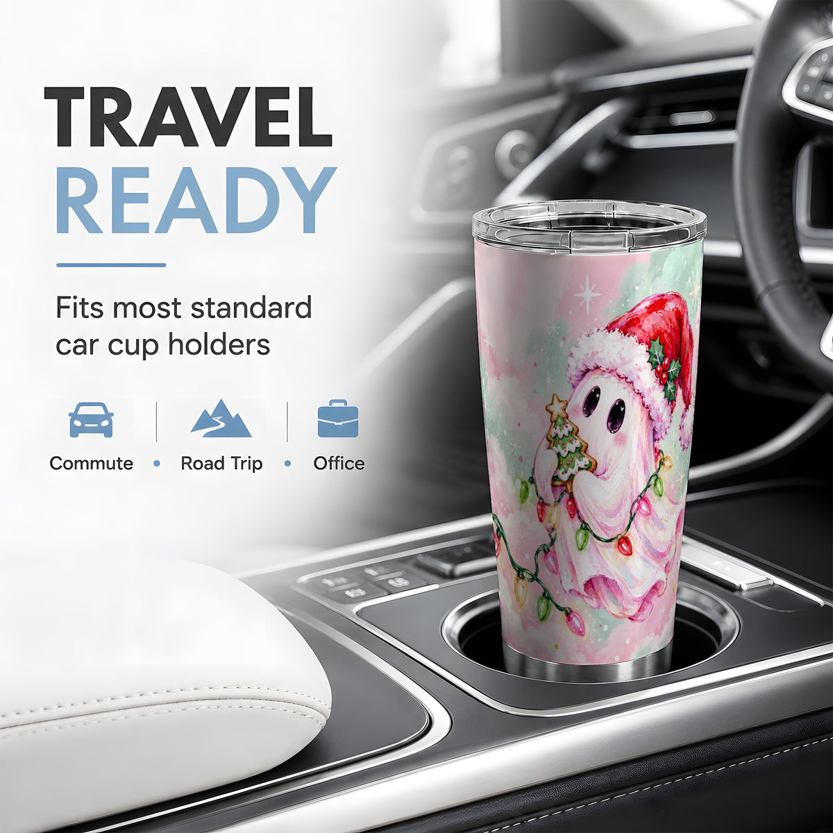 Cute Christmas Ghost Tumbler, 20oz Stainless Steel Pastel Drinkware