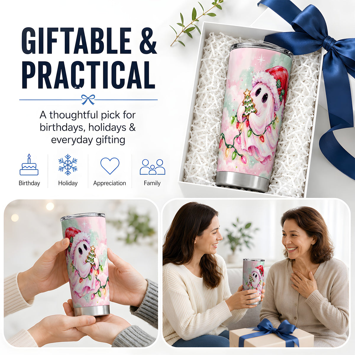 Cute Christmas Ghost Tumbler, 20oz Stainless Steel Pastel Drinkware