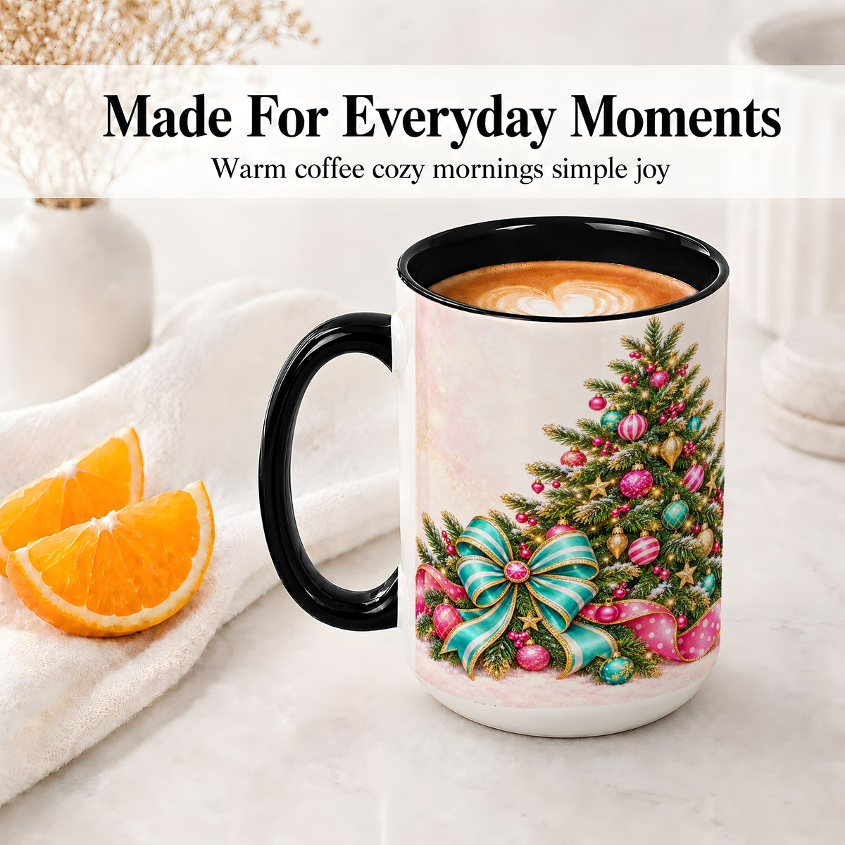 #pl[15oz|Black] Pink Christmas Tree Accent Mug, Ceramic Coffee Cup with Teal Bow