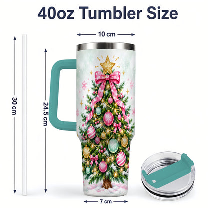 #pl[40oz|Green] Pink Bow Christmas Tree Tumbler, 40oz Handled Stainless Steel Drinkware