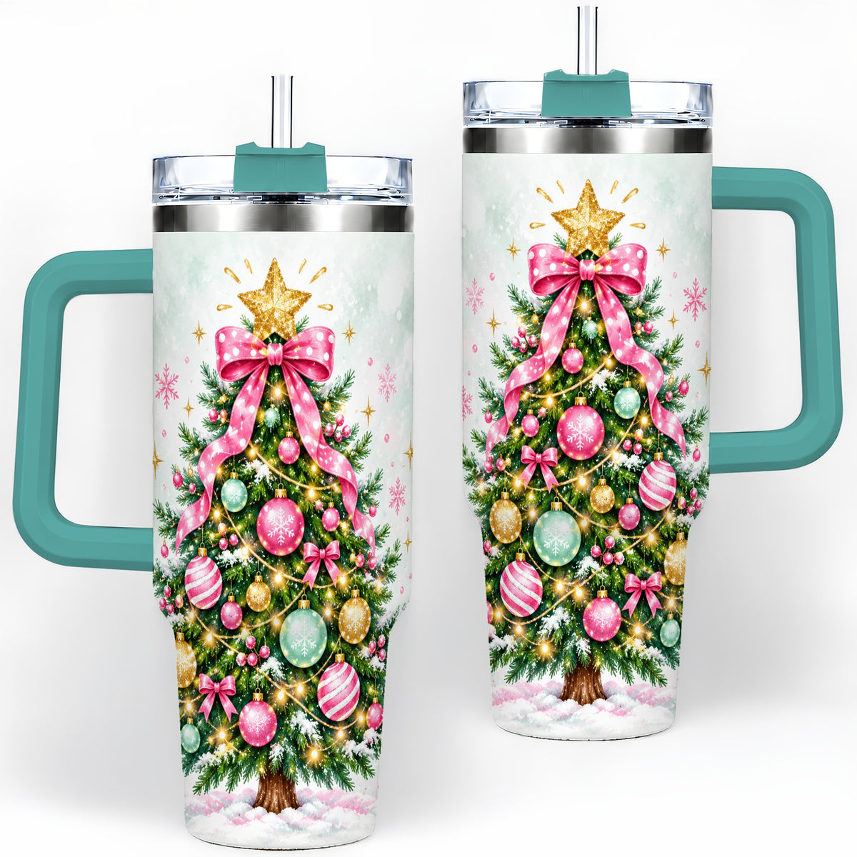 #pl[40oz|Green] Pink Bow Christmas Tree Tumbler, 40oz Handled Stainless Steel Drinkware